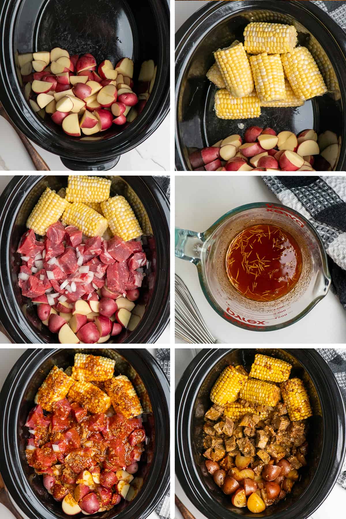 6 Images showing how to make steak potatoes and corn with garlic butter in a slow cooker.