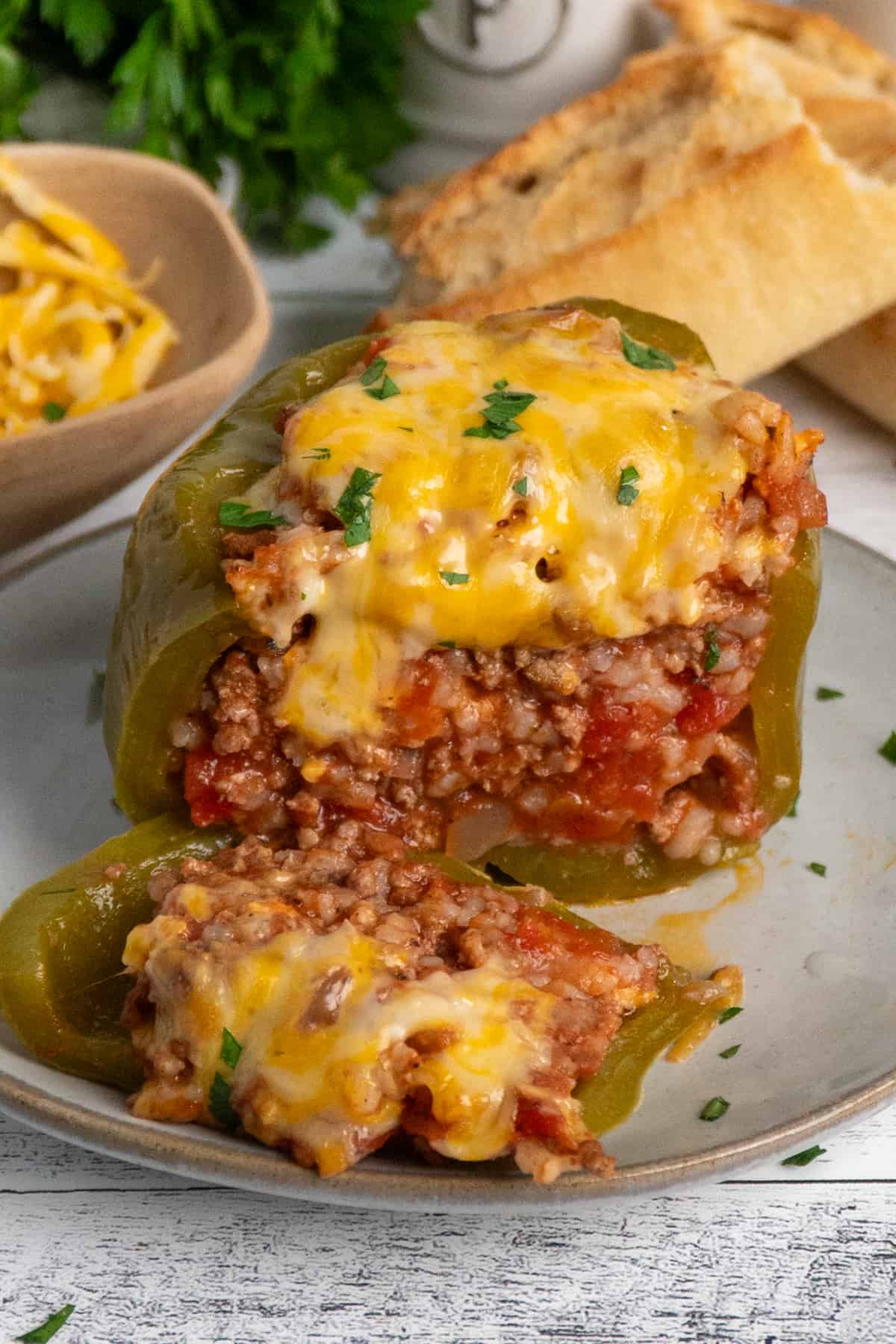 a stuffed pepper slice open to see the inside