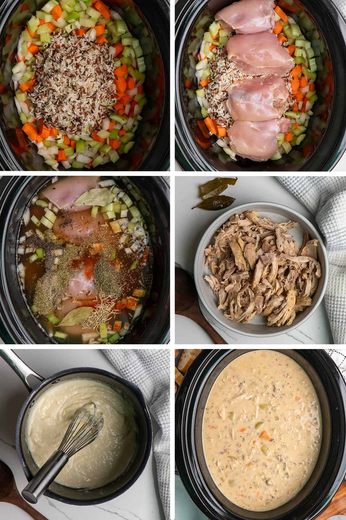 Six images of how to make chicken wild rice soup in the crock pot.