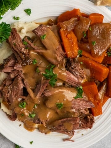 Overhead look at a 3 packet pot roast on a plate of mashed potatoes.