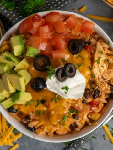 Overhead look at a chicken burrito bowl.