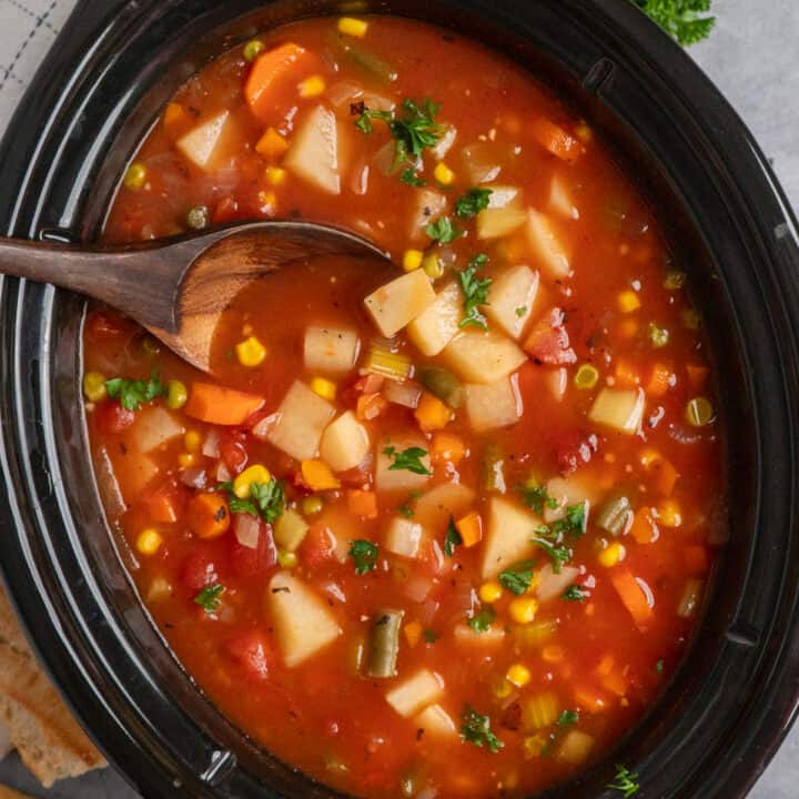 A wooden spoon leaning on the edge of crockpot vegetable soup still in the pot.