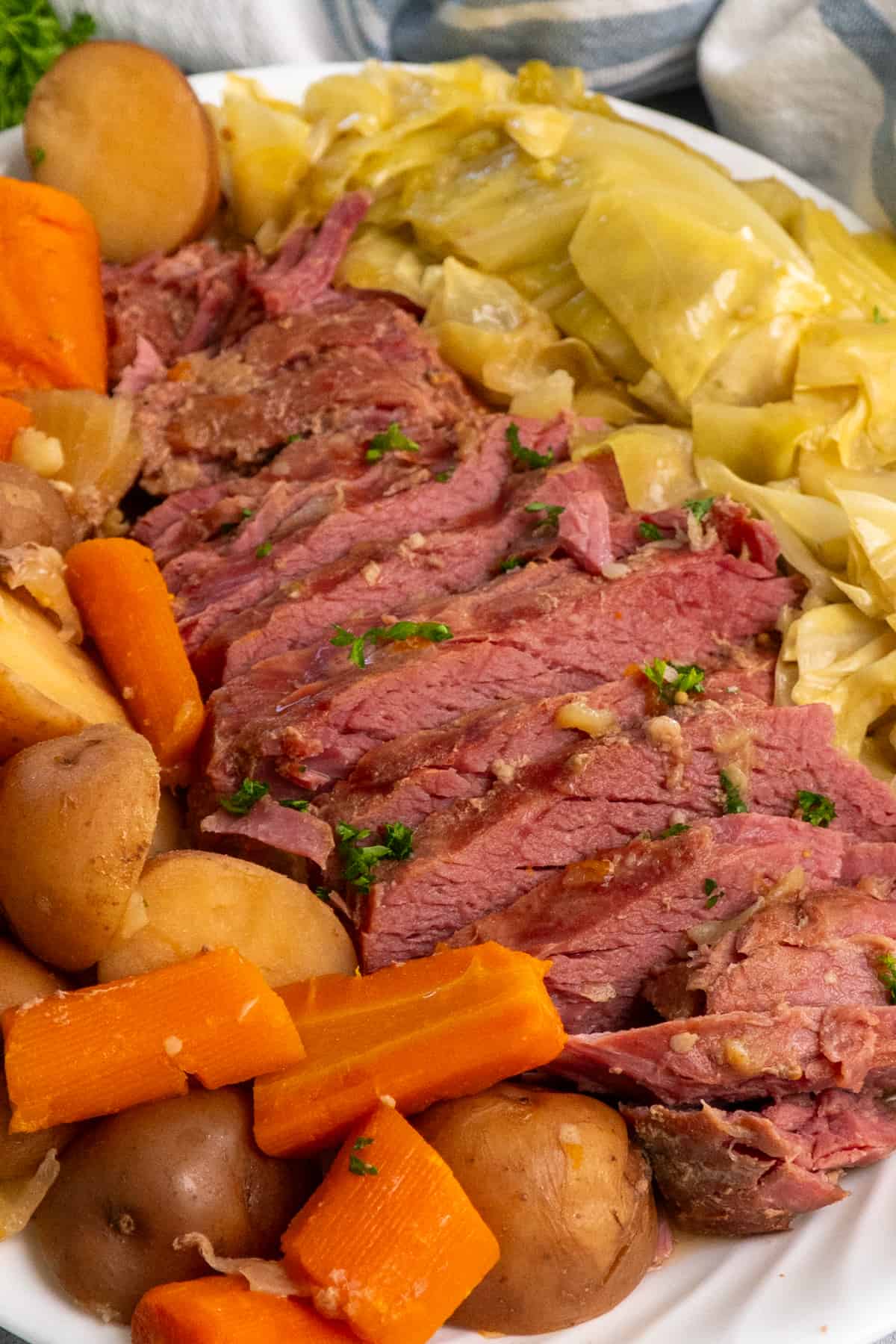 Close up of corned beef and cabbage.