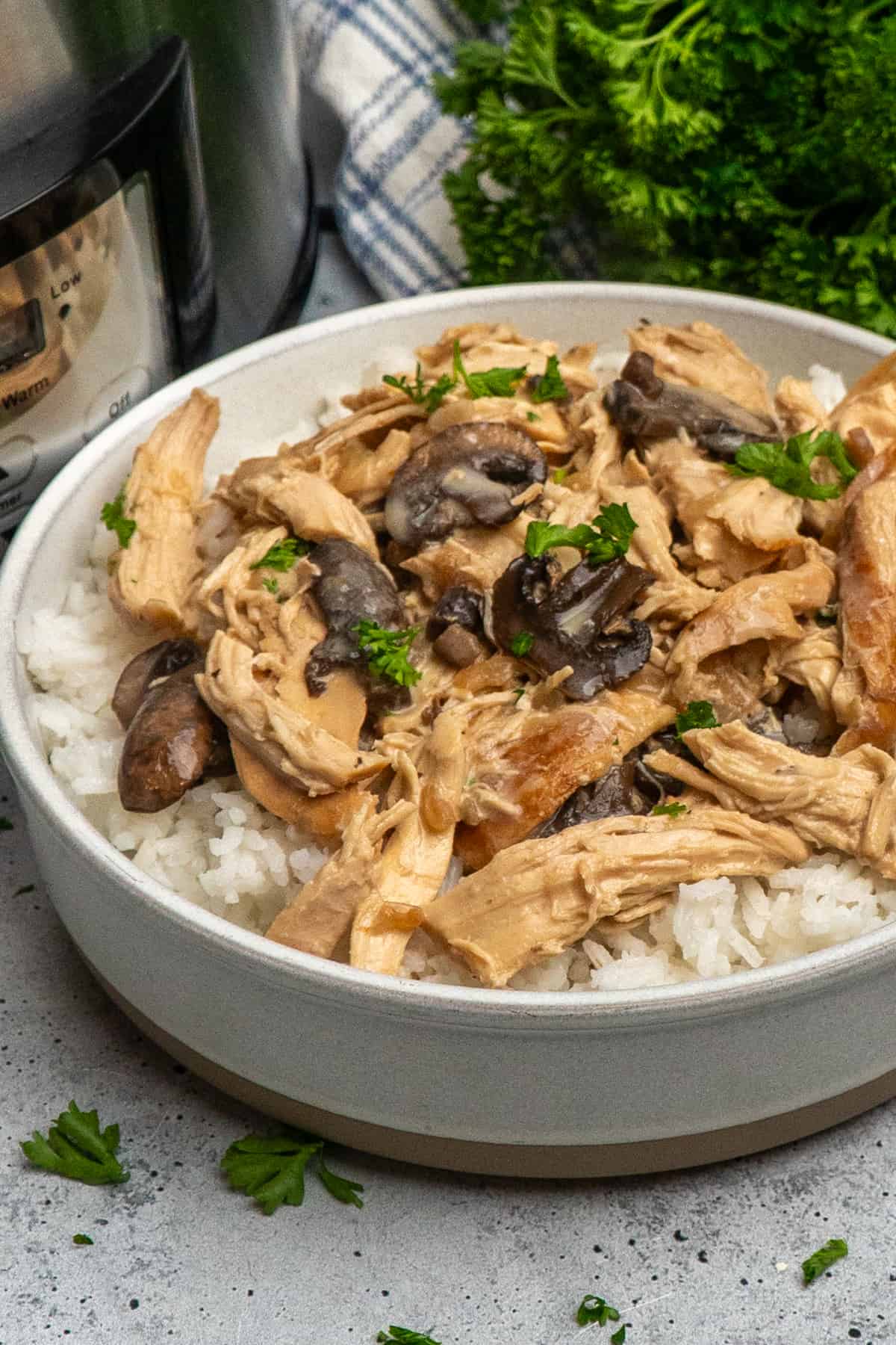 Close-up of mushroom chicken over a bowl of rice.