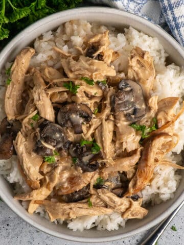 Overhead look at crock pot mushroom chicken over a bowl of rice.