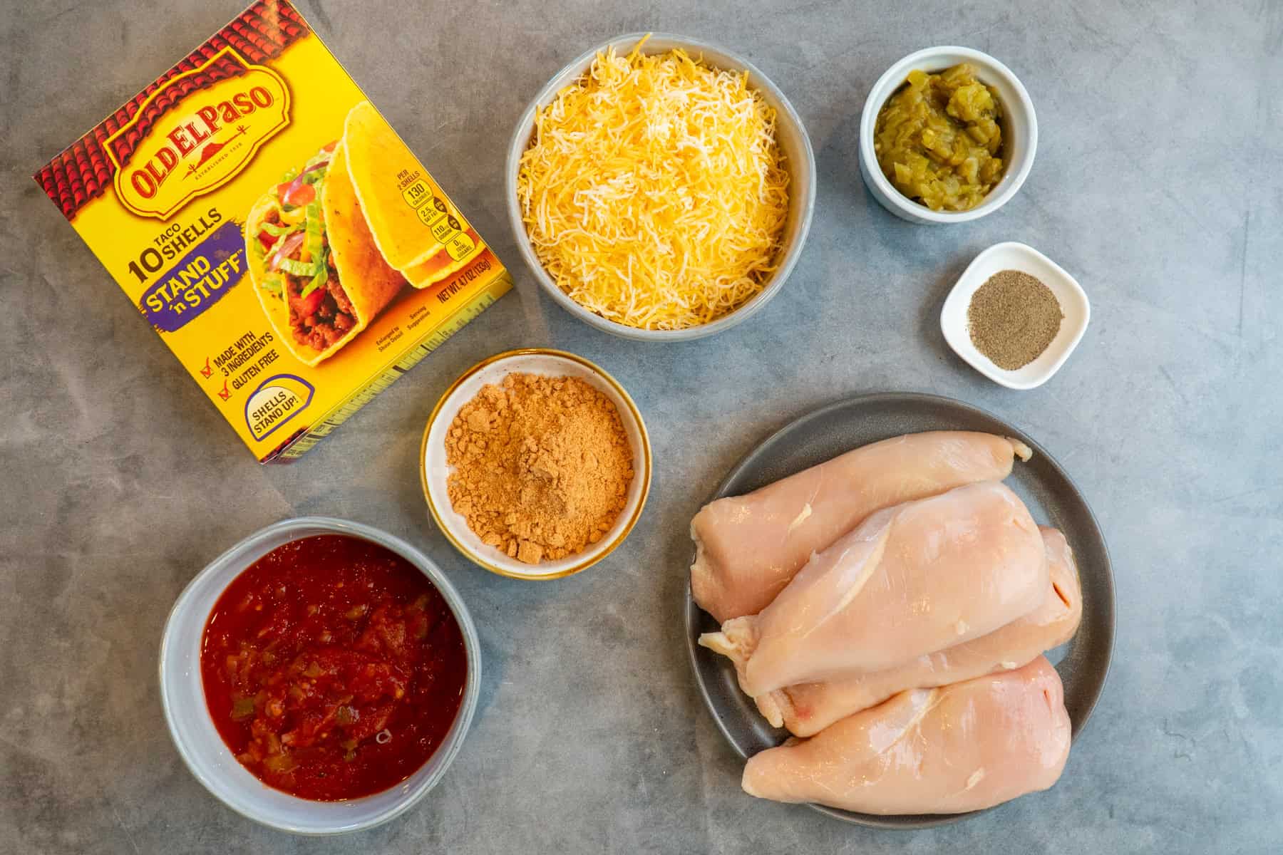 All the ingredients for baked chicken tacos.