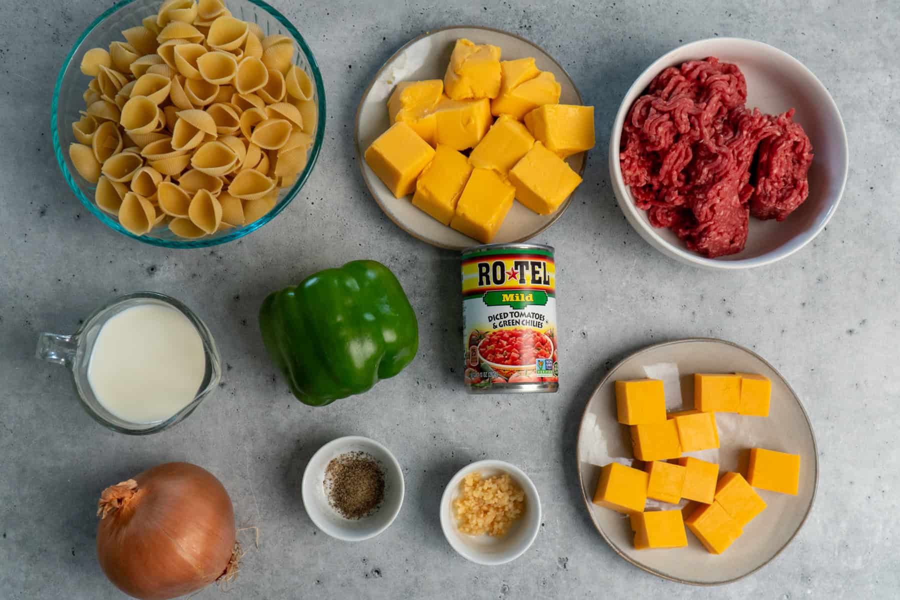 All the ingredients to make Rotel pasta.