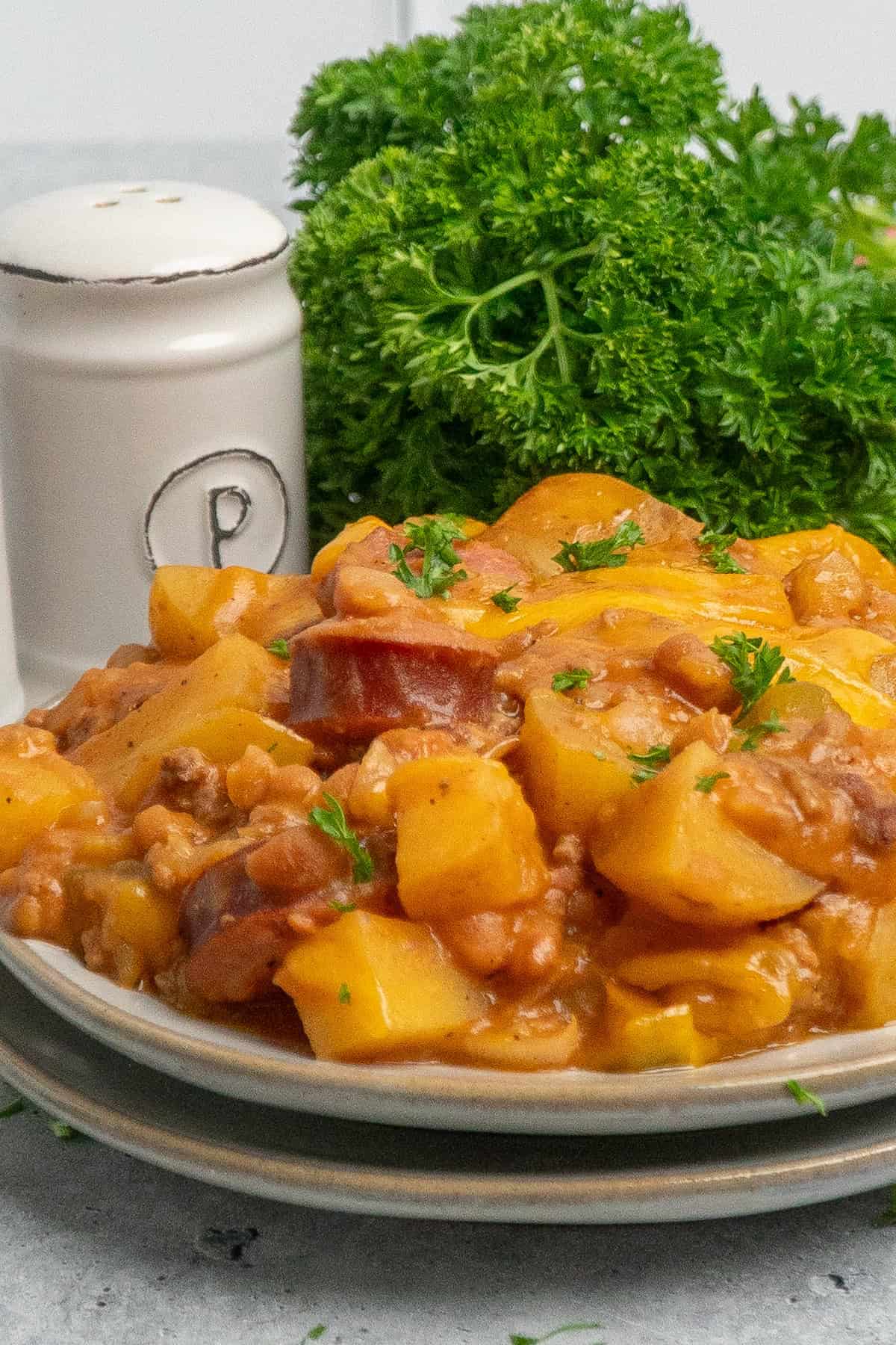 Close up of cowboy casserole on a plate.