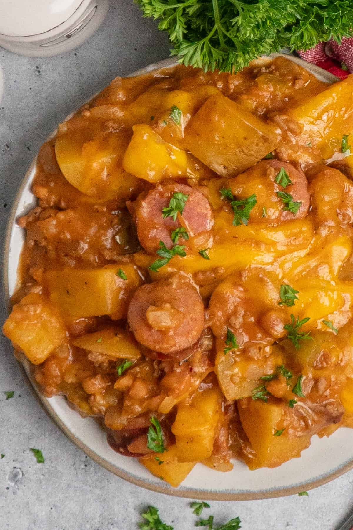 Overhead look at cowboy casserole on a plate.