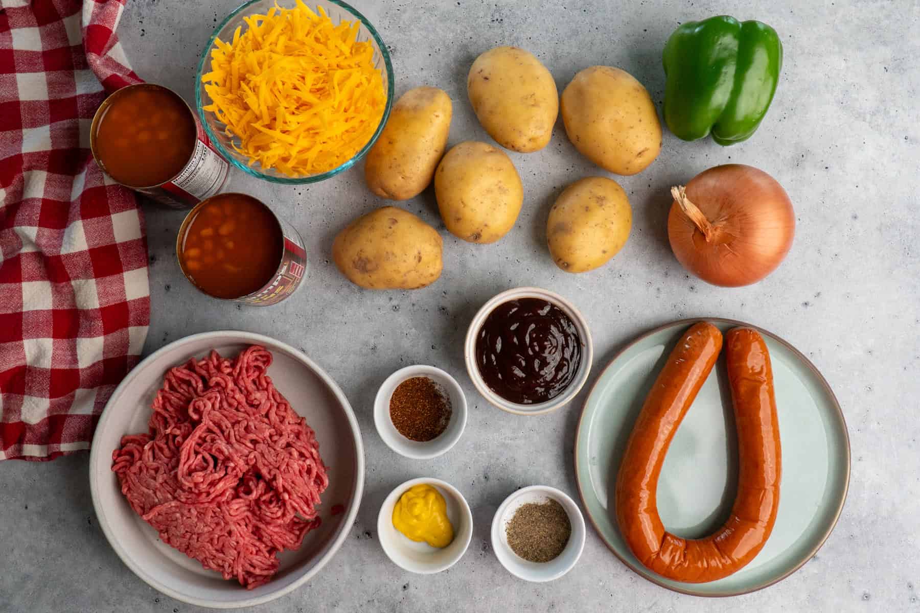 All the ingredients needed to make crock pot cowboy casserole.