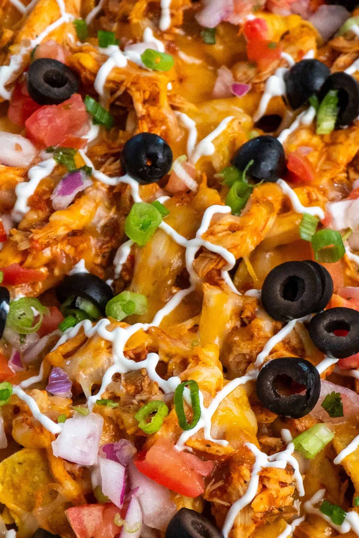 Overhead view of chicken nachos.