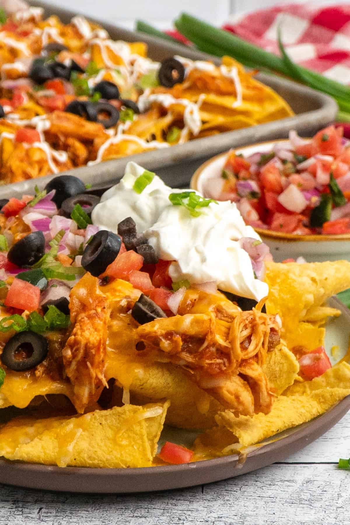 Close up of slow cooker chicken nachos on a plate with lots of toppings.