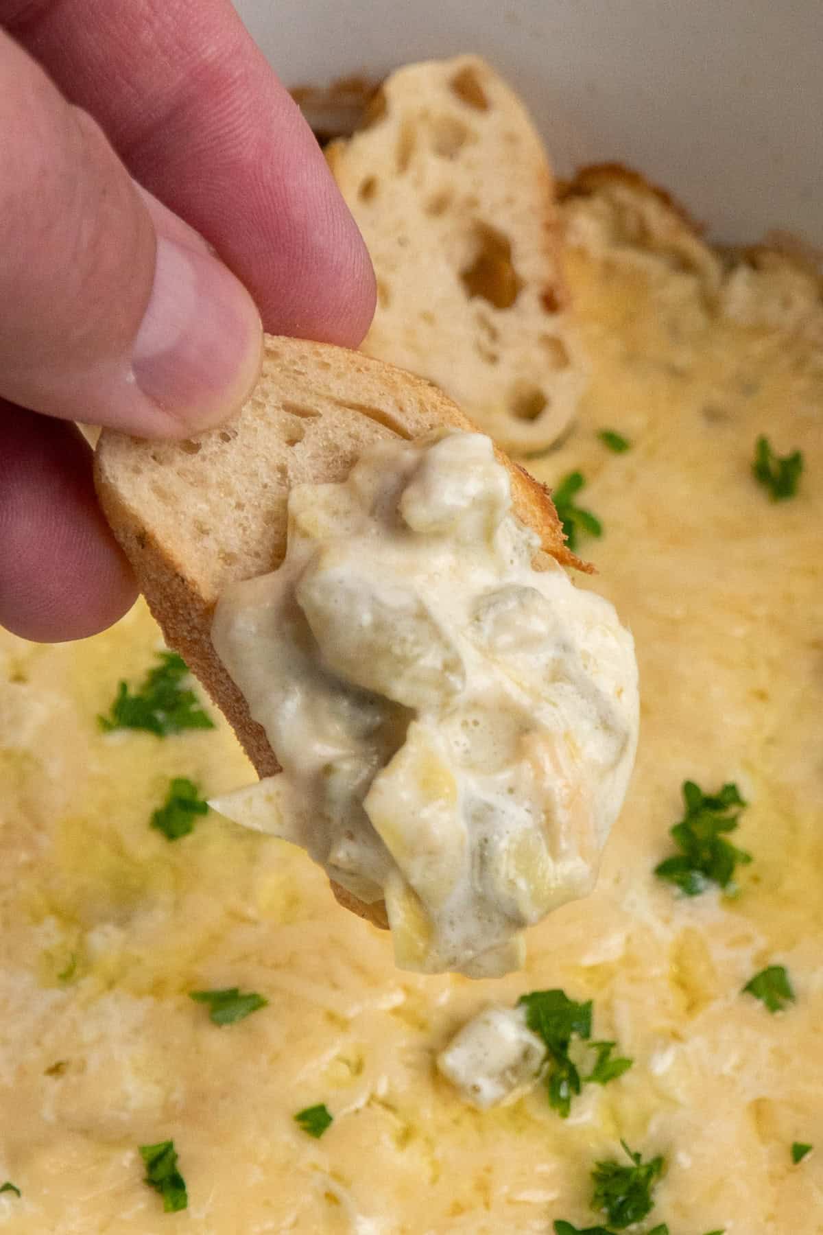 A bite of artichoke dip on a baguette slice.