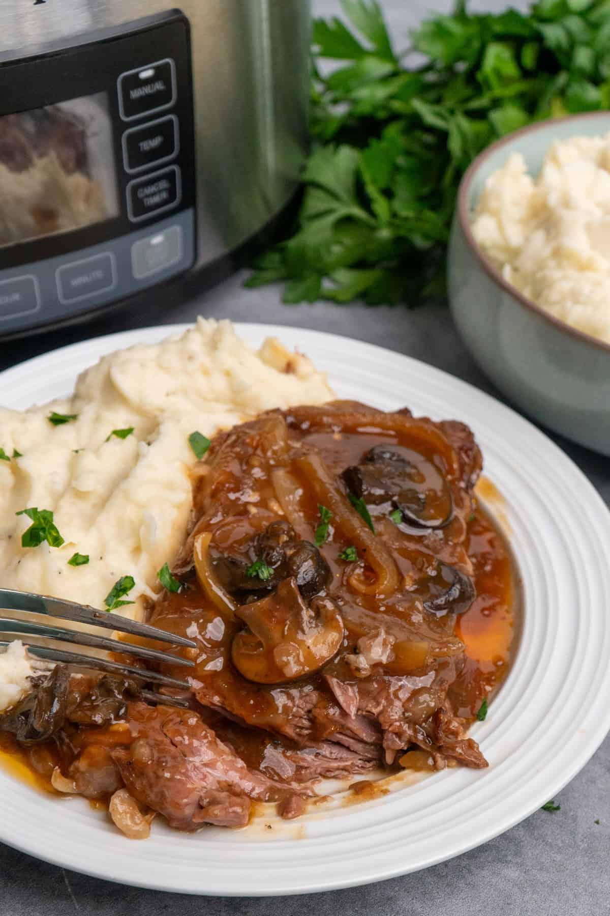 Ribeye steak on a white plate with mashed potatoes on the side and a slow cooker in the background.