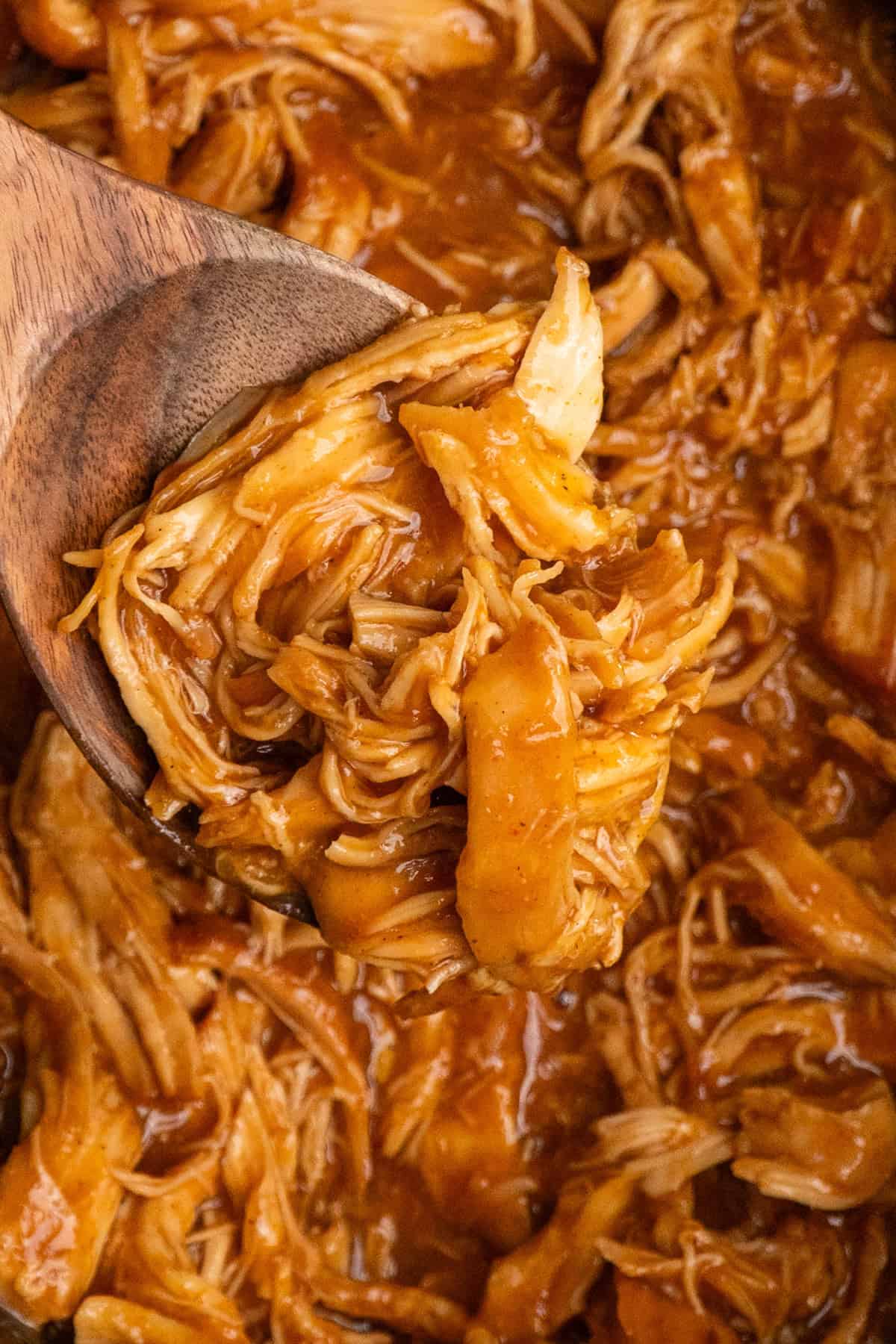 A wooden spoon holding shredded chicken in sauce.
