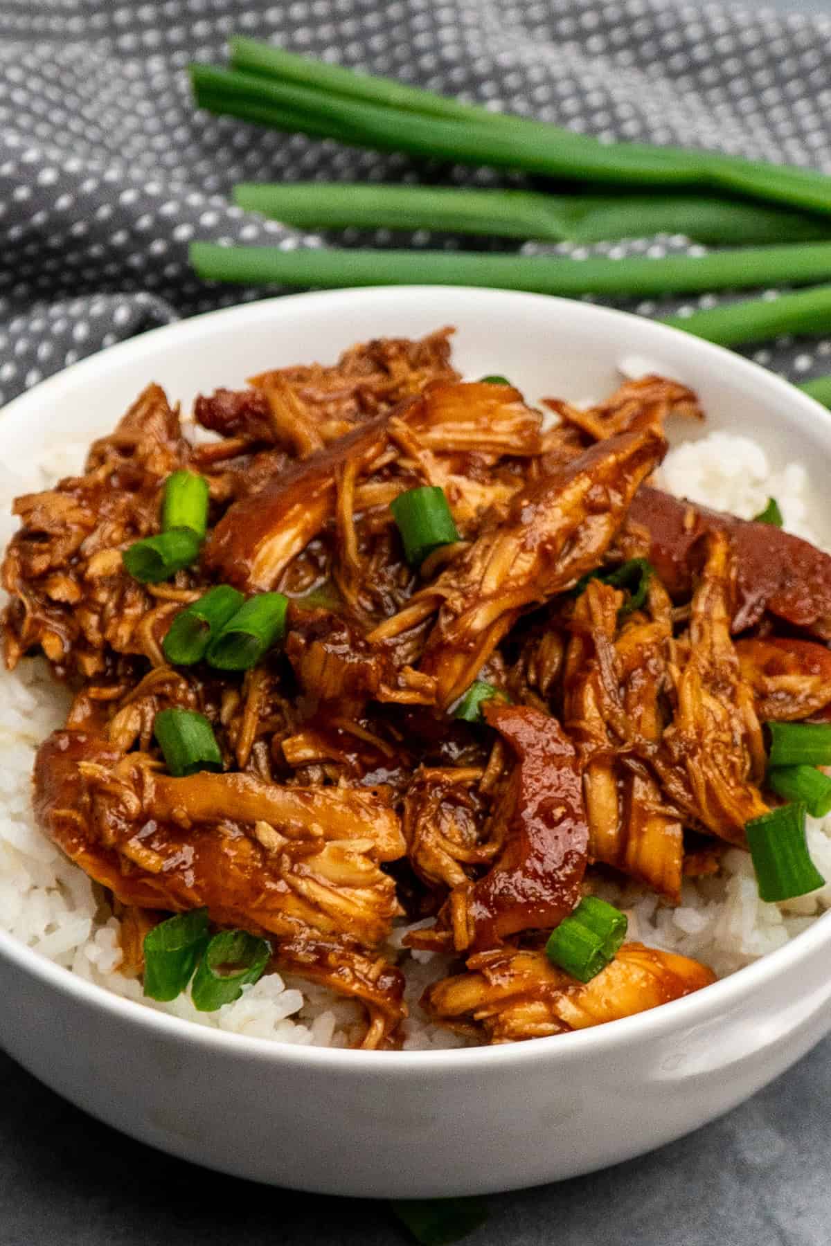 Shredded raspberry chicken served over rice in a white bowl and garnished with green onions.