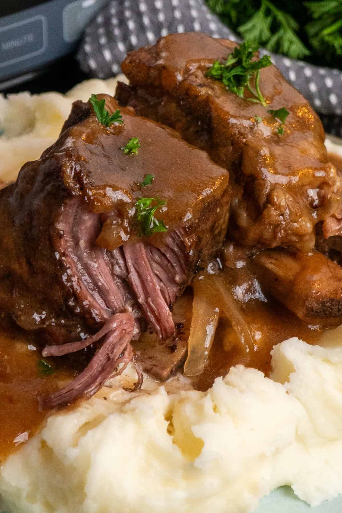 Two short ribs over mashed potatoes and covered in gravy.