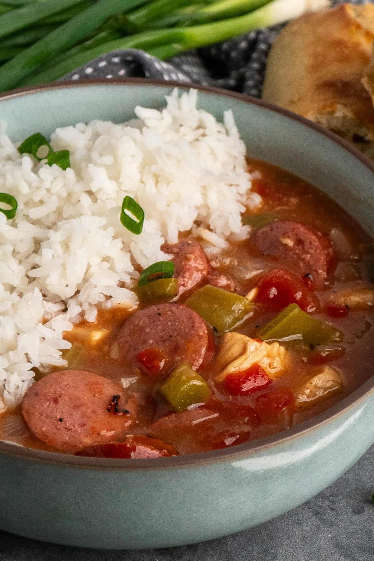 Slow cooker gumbo in a bowl with rice and garnished with green onions.