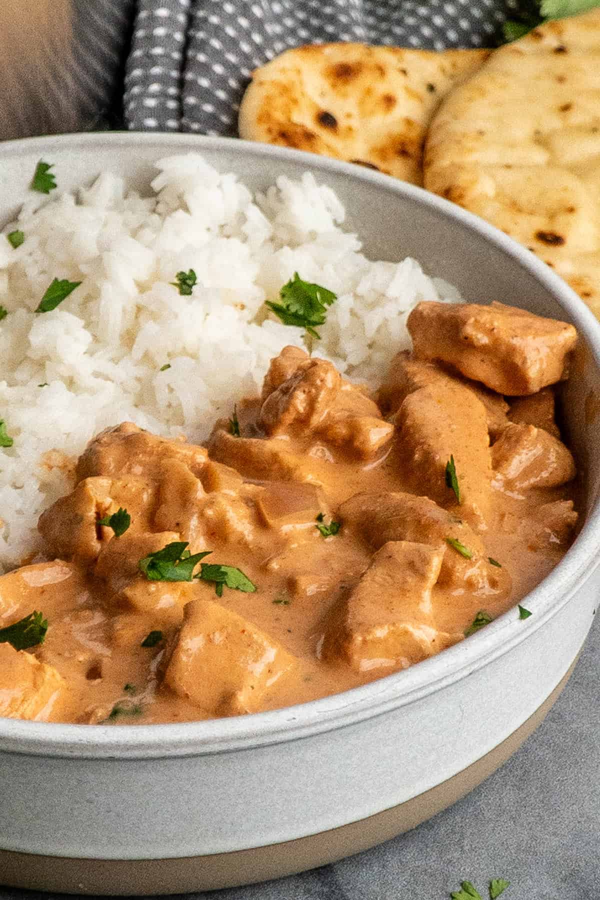 Crock pot tikka masala in a bowl with rice and naan bread.