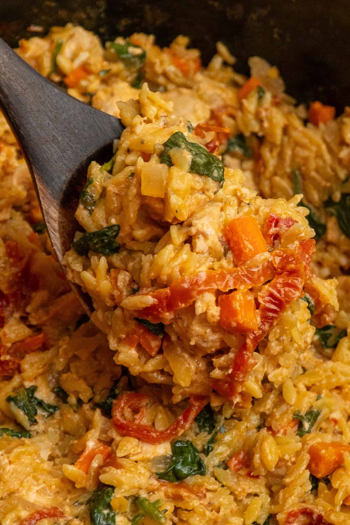 A wooden spoon holding a scoop of crock pot marry me chicken orzo.