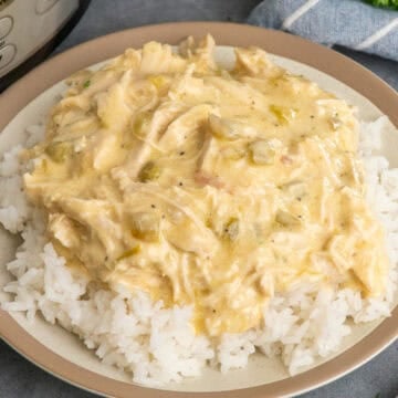 Crock pot green chile chicken over a plate of rice.