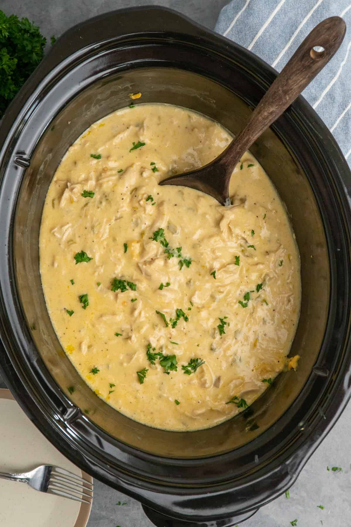 A wooden spoon in a crock pot full of green chile chicken.