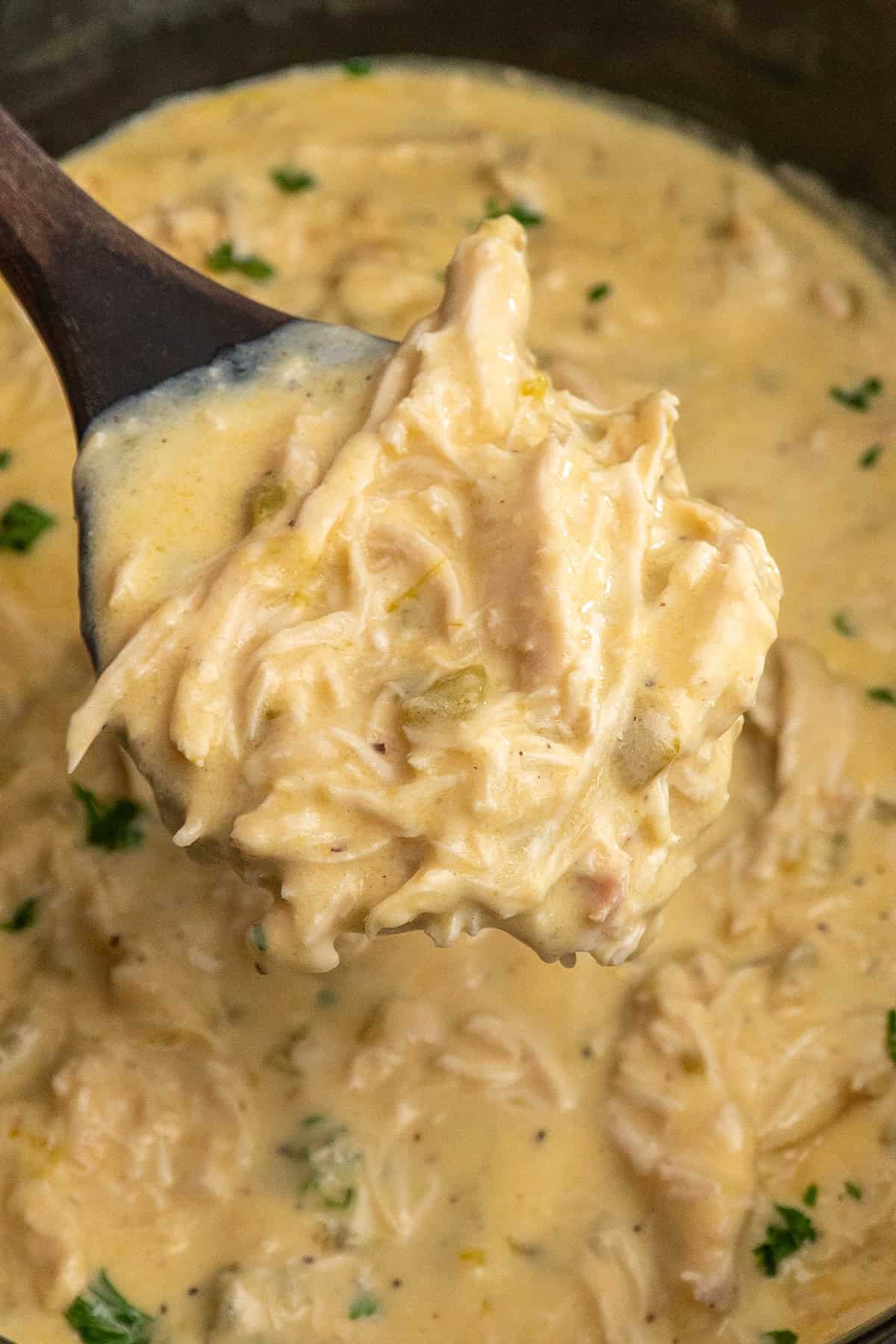 A wooden spoon holding a scoop of green chicken chile.