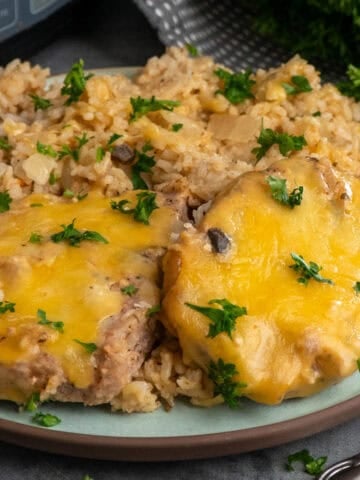 Crock pot pork chops and rice on a plate garnished with chopped parsley.
