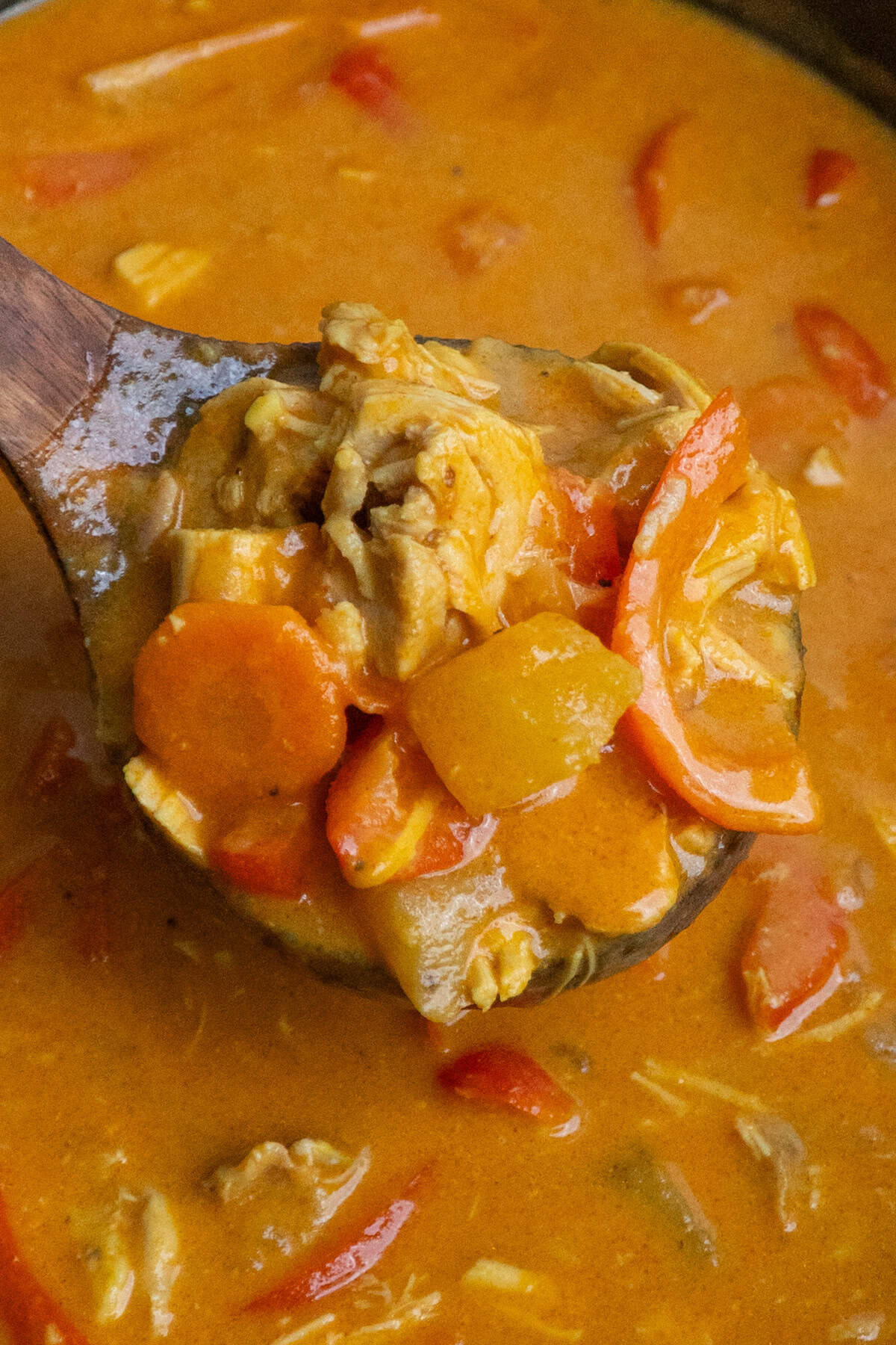 A wooden spoon lifting a portion of coconut curry chicken from the slow cooker.