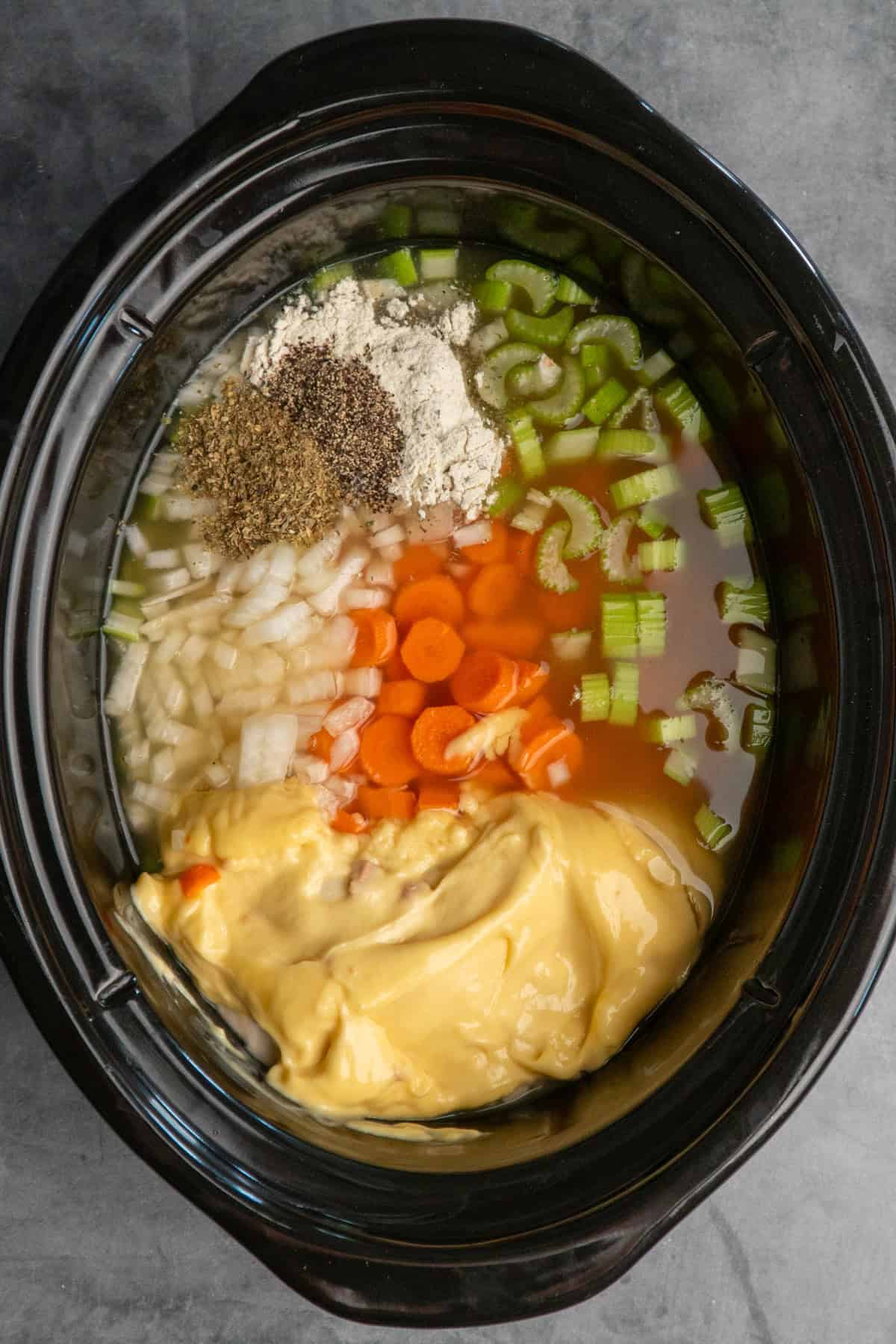 Chicken, cream of chicken soup, vegetables, seasoning and broth added to a crock pot.