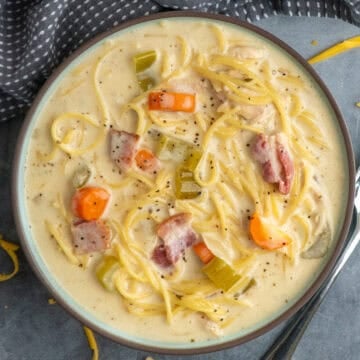Crock pot crack chicken noodle soup in a bowl ready to eat.