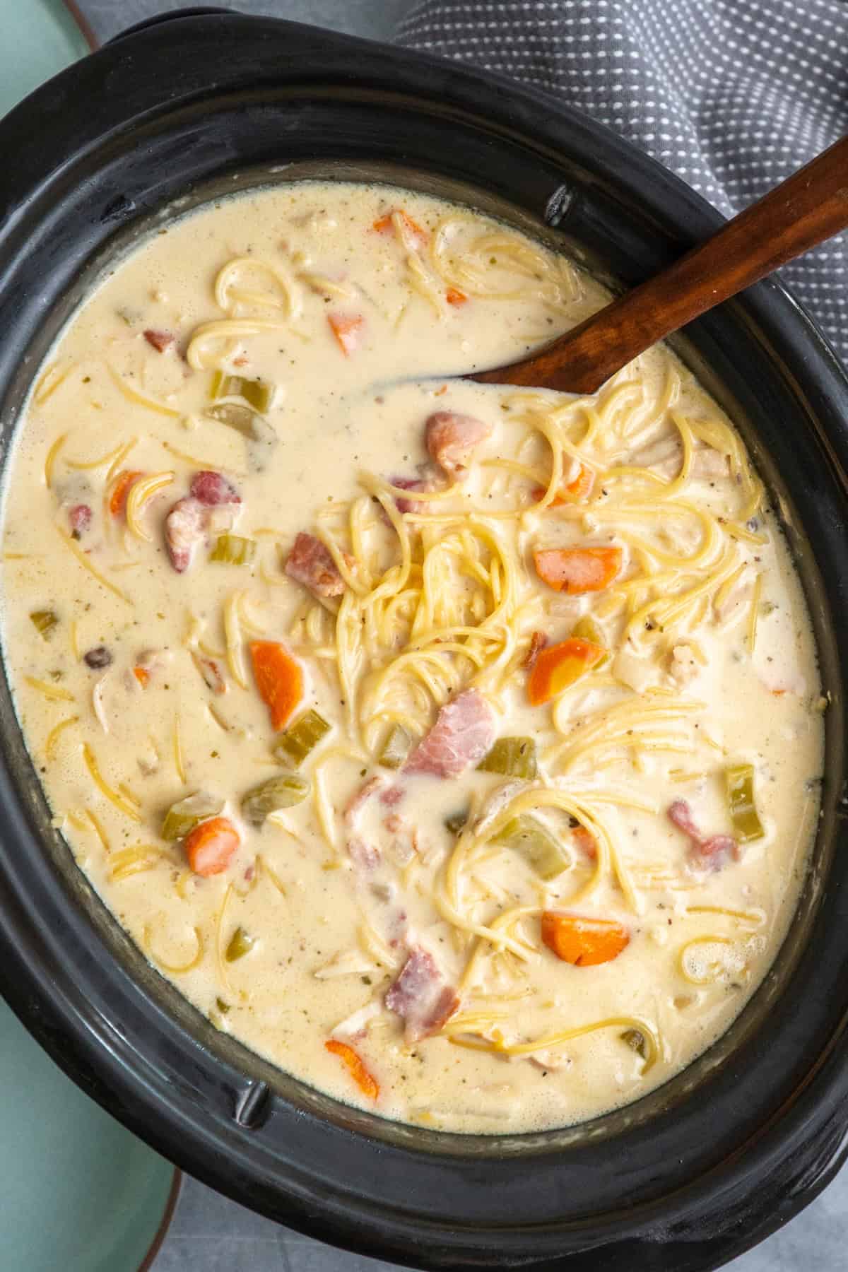 Cooked crack chicken noodle soup in a crock pot.