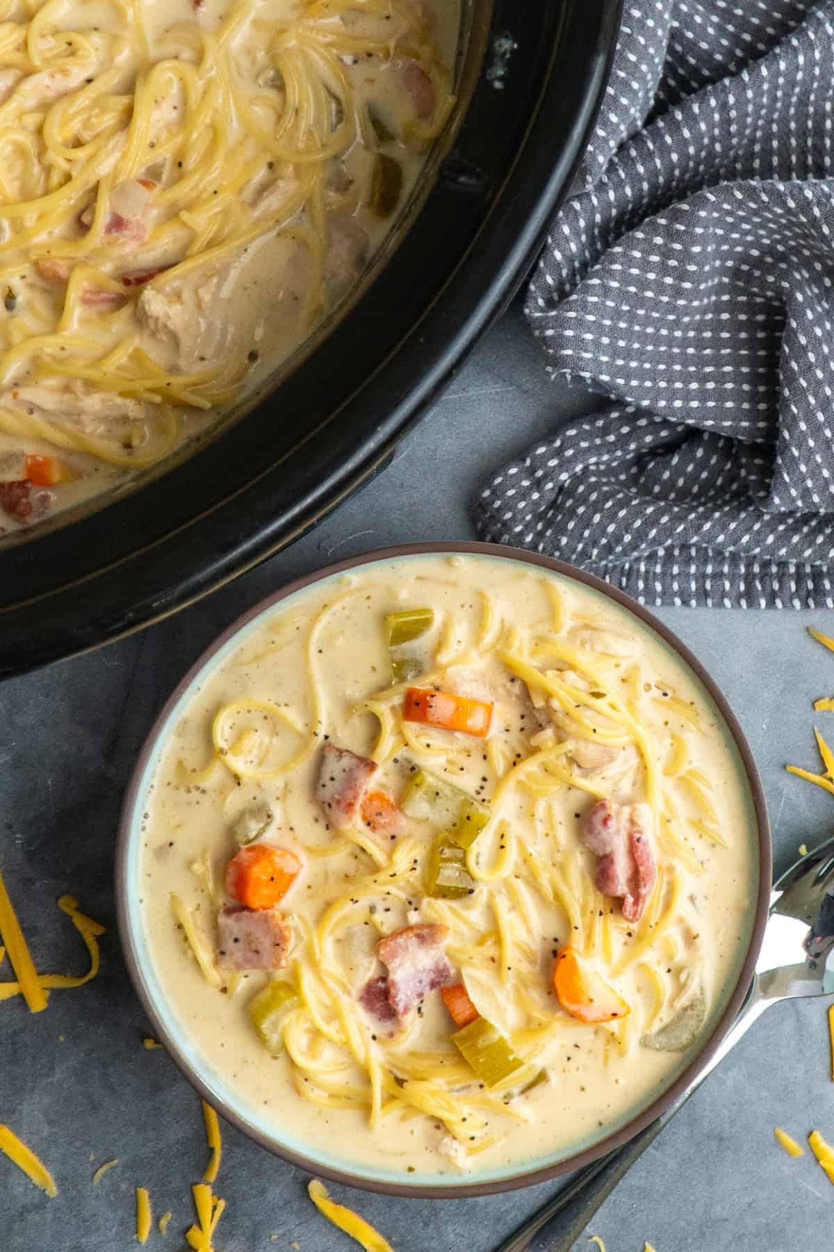 Crack chicken noodle soup in a bowl and in a slow cooker.