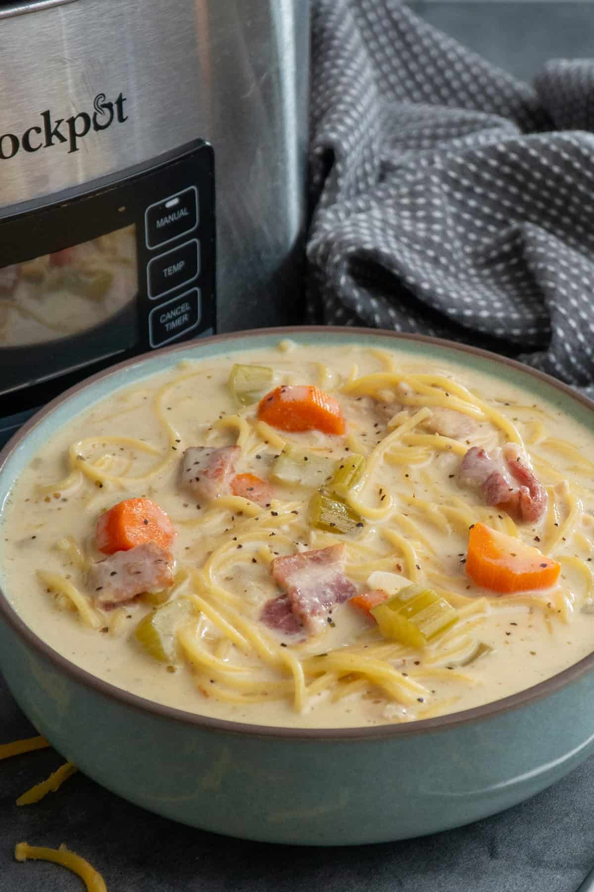 Crack Chicken noodle soup in a bowl with a crock pot in the background.