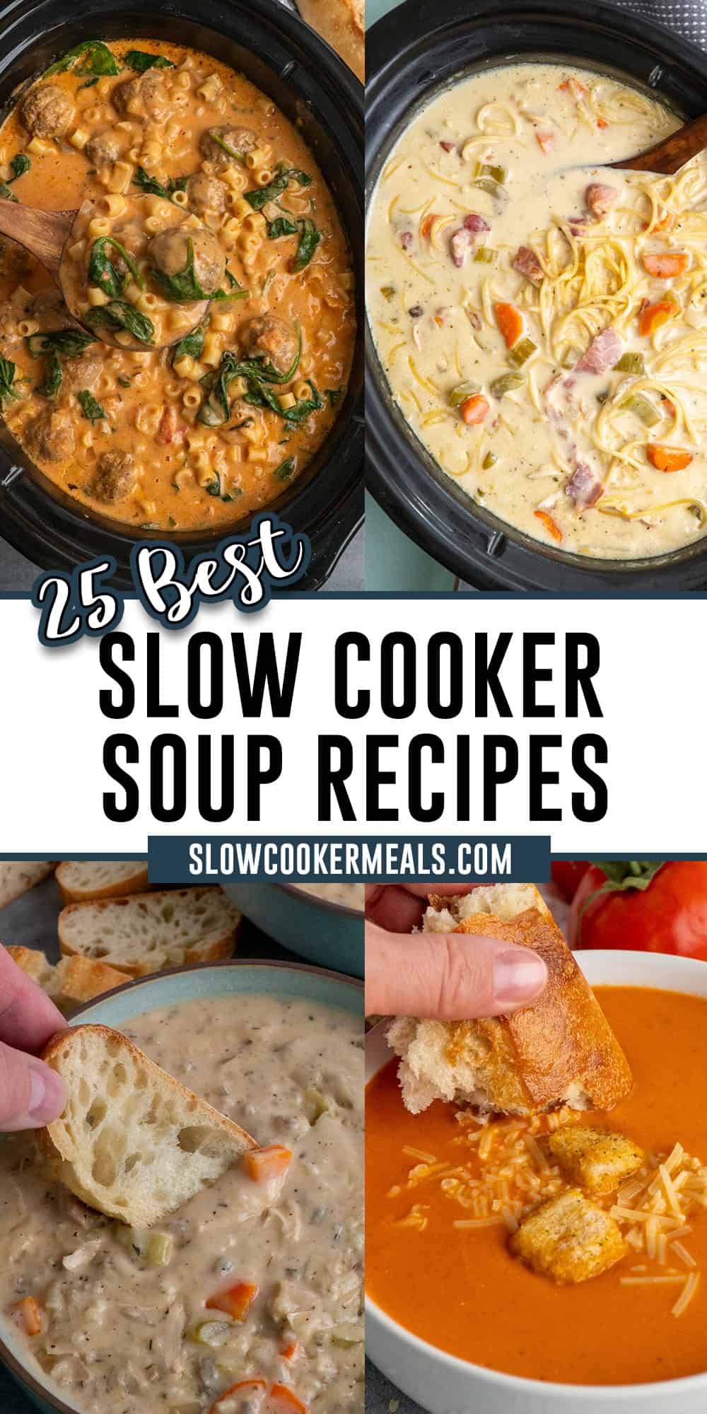 4 Slow Cooker soup recipes in bowls and crock pots.