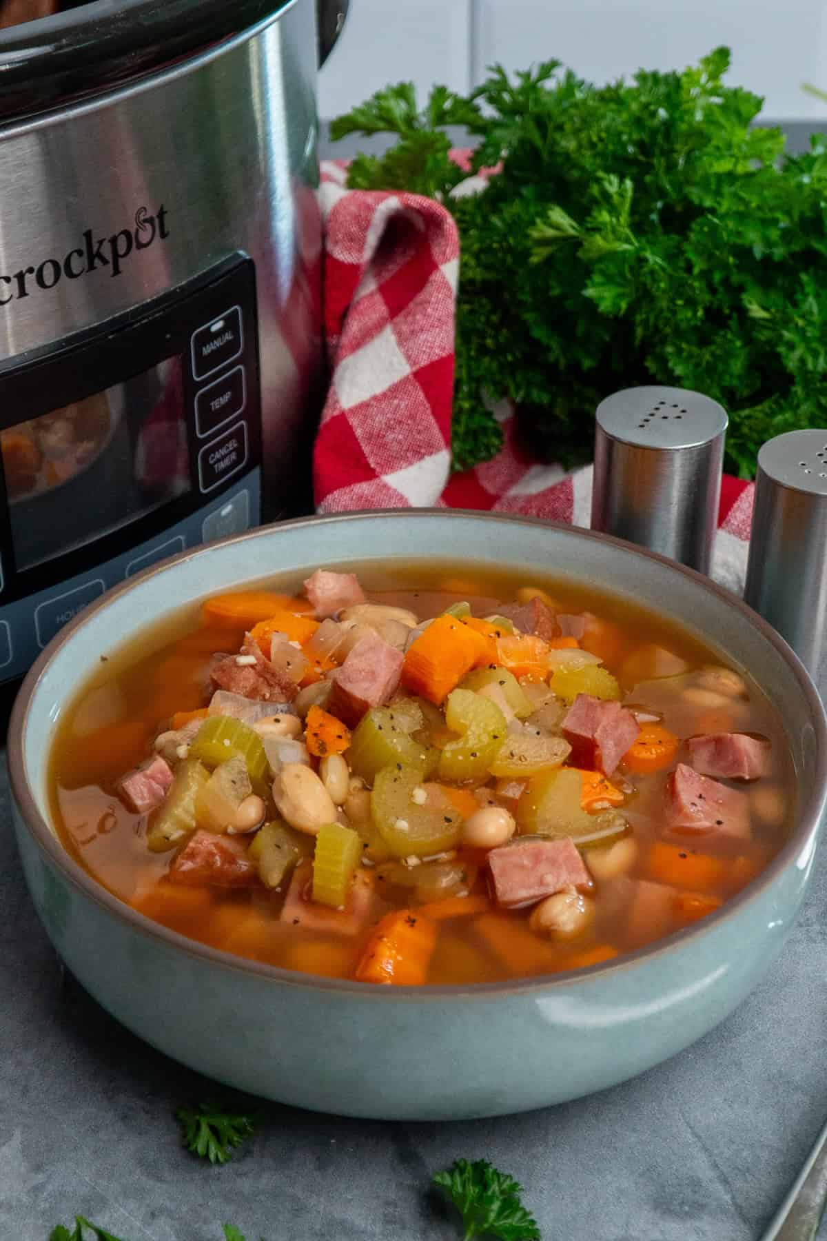 Slow Cooker ham and bean soup in a bowl with parsley, salt and pepper in the background.