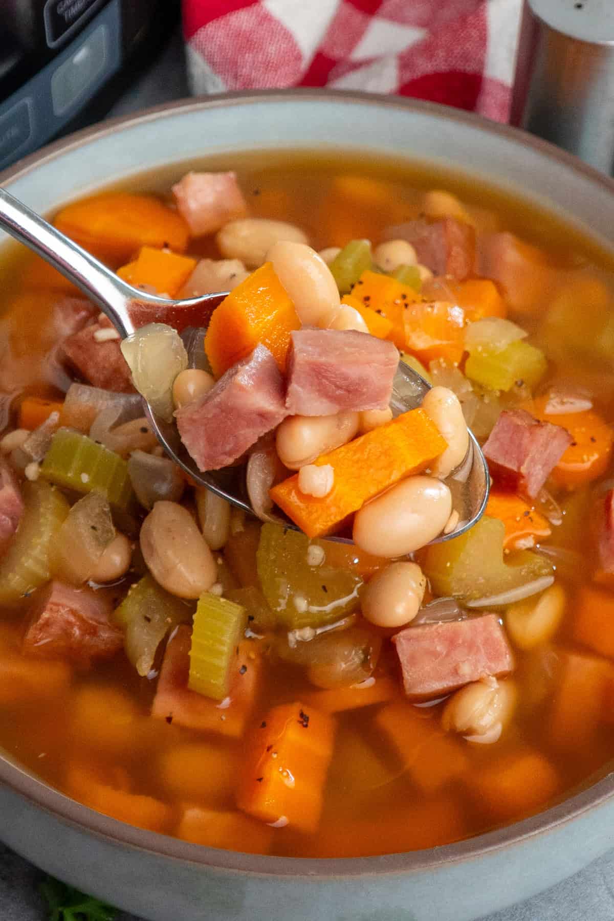 A spoon holding a bite of ham and bean soup.