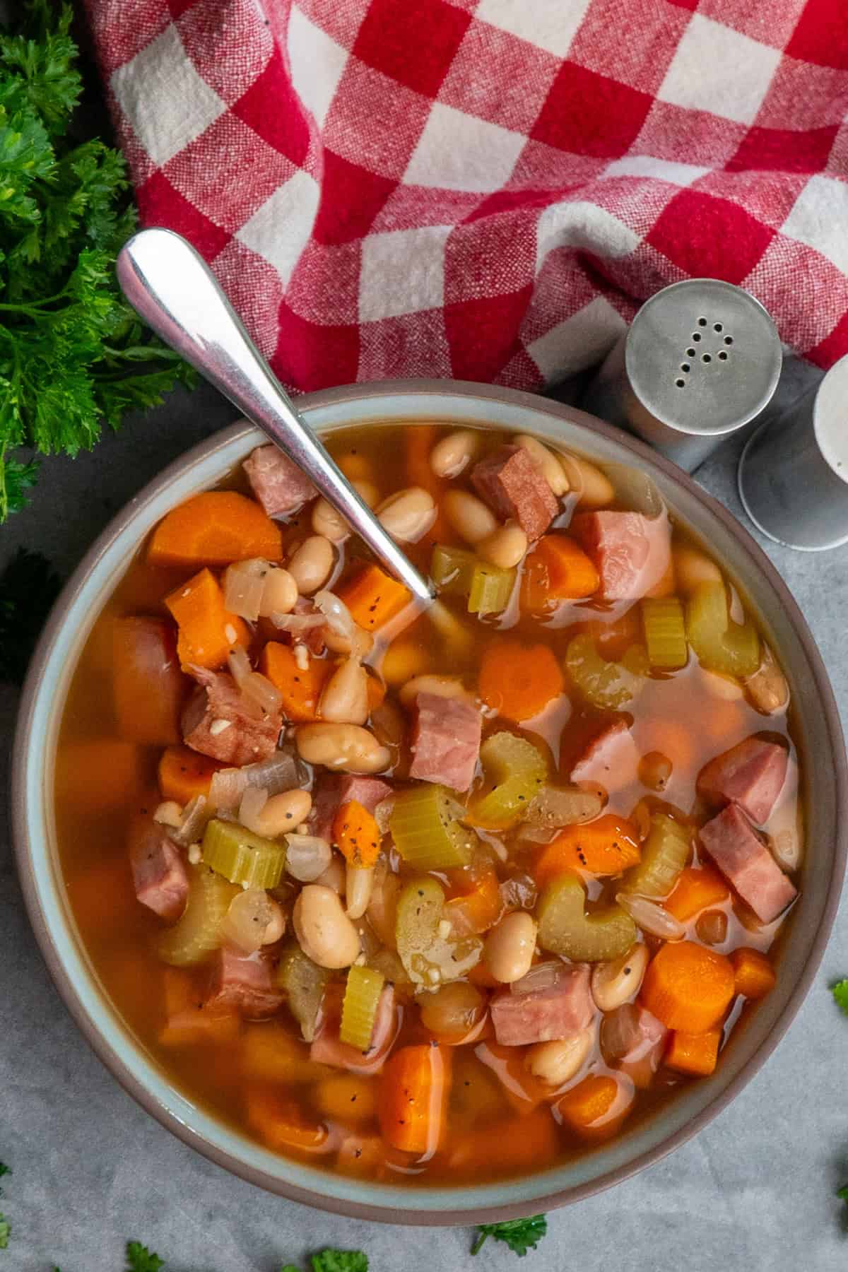 A bowl of ham and bean soup with a spoon in it.