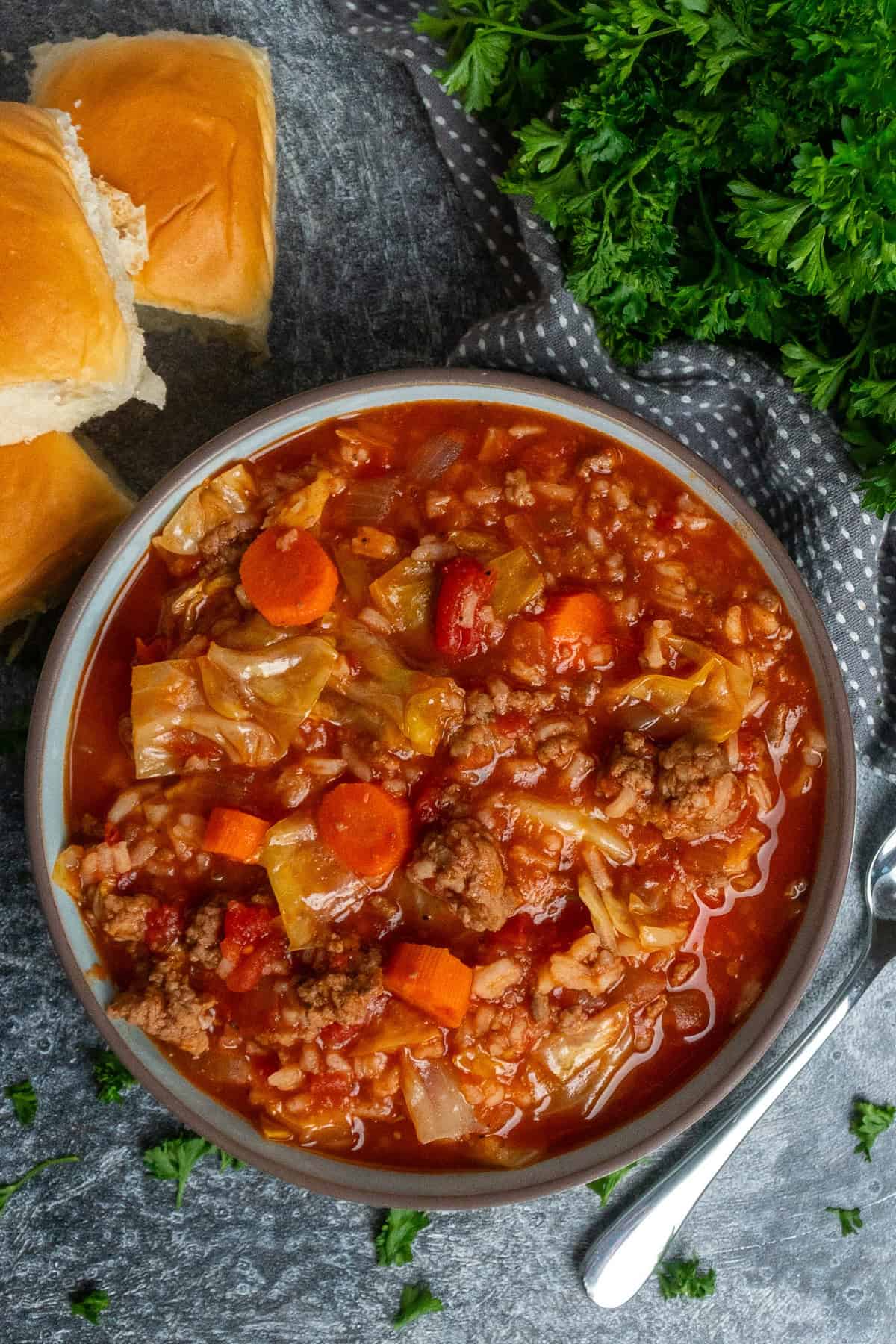 Slow cooker cabbage roll soup in a bowl.