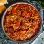 Slow cooker cabbage roll soup in a bowl.