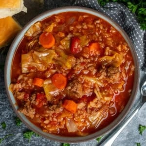 Slow cooker cabbage roll soup in a bowl.