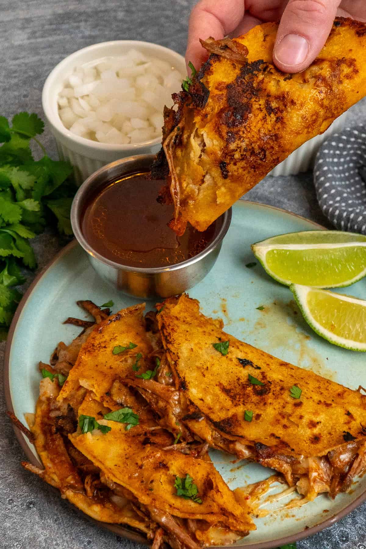 A hand holding a birria taco dipping it into a bowl of consume.