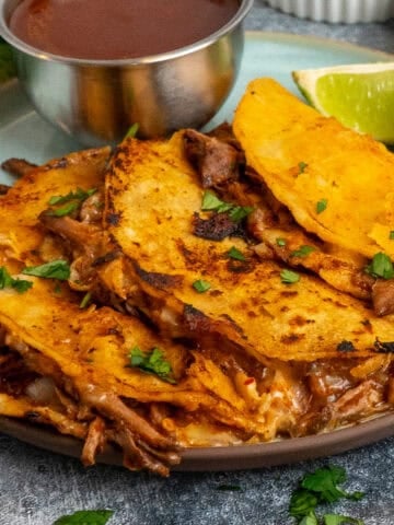 Three crock pot birria tacos on a plate with a bowl of broth.