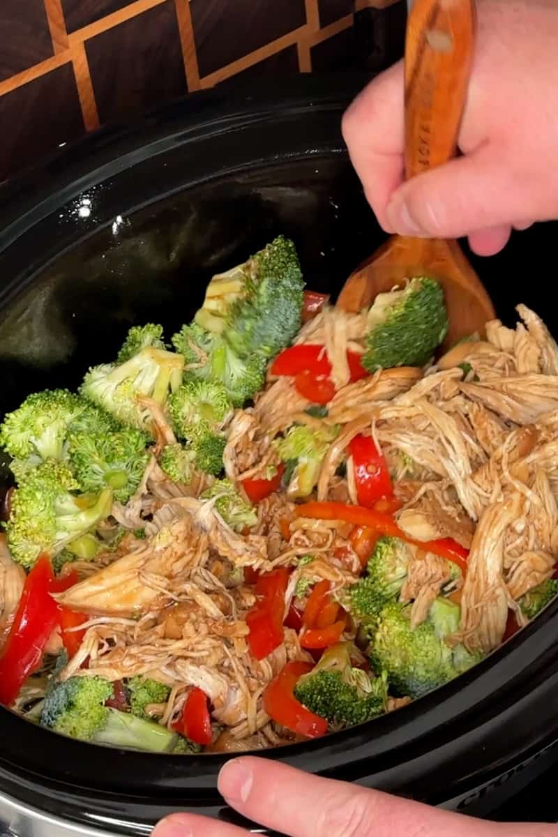 Shredded chicken, bell peppers and broccoli added to teriyaki sauce.