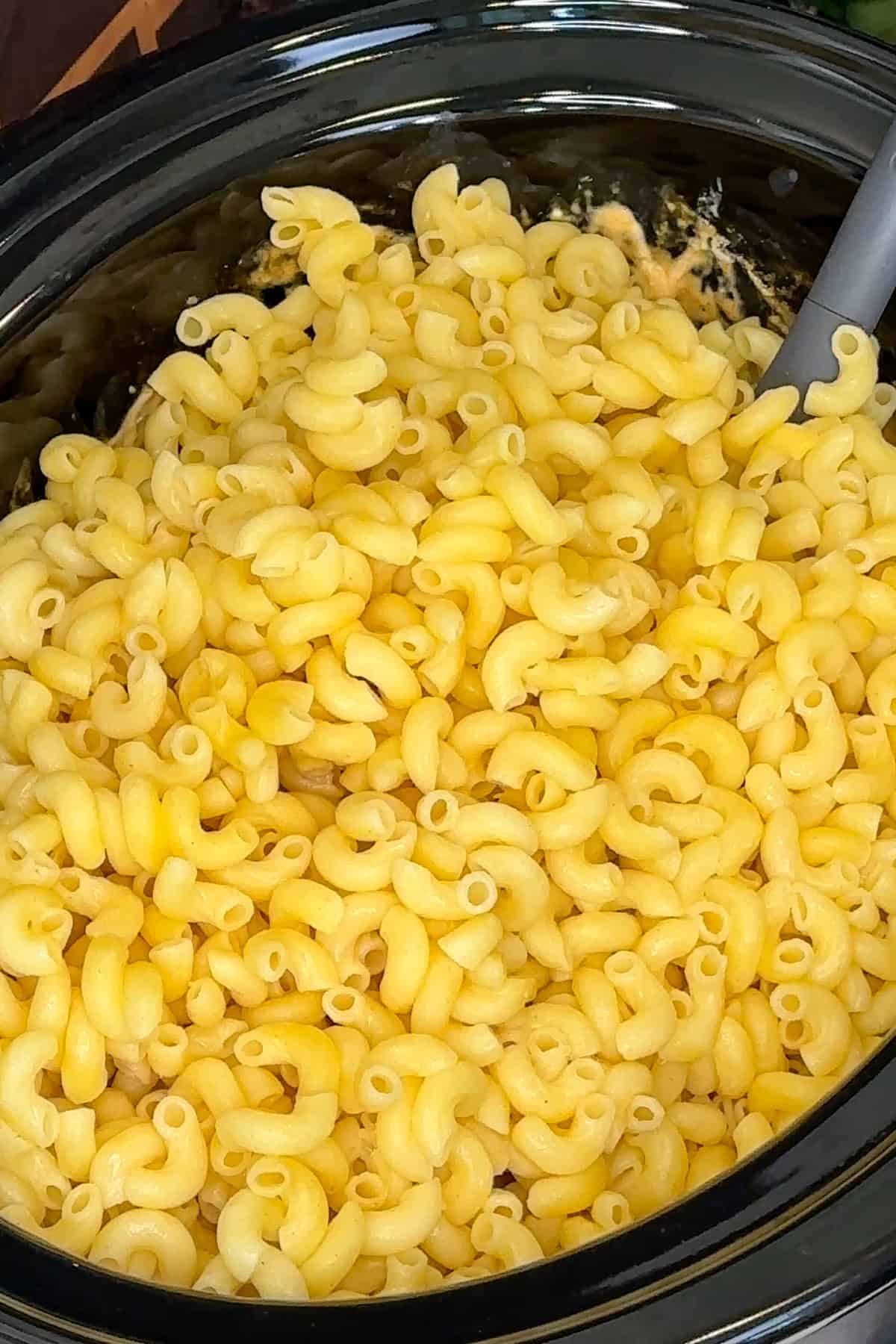 Cooked pasta added to the shredded chicken and buffalo sauce.