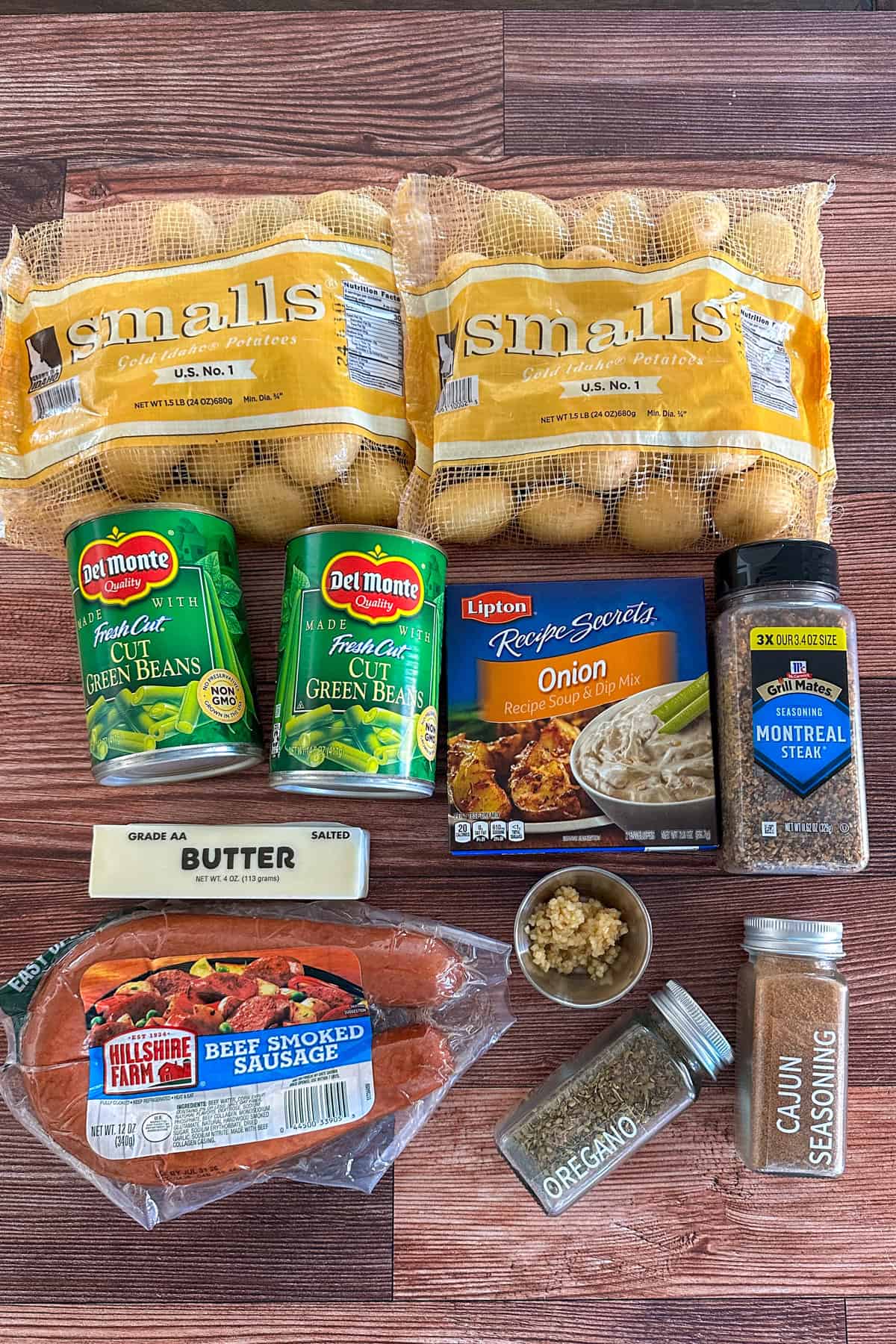 Ingredients to make swamp potatoes on a wooden countertop.