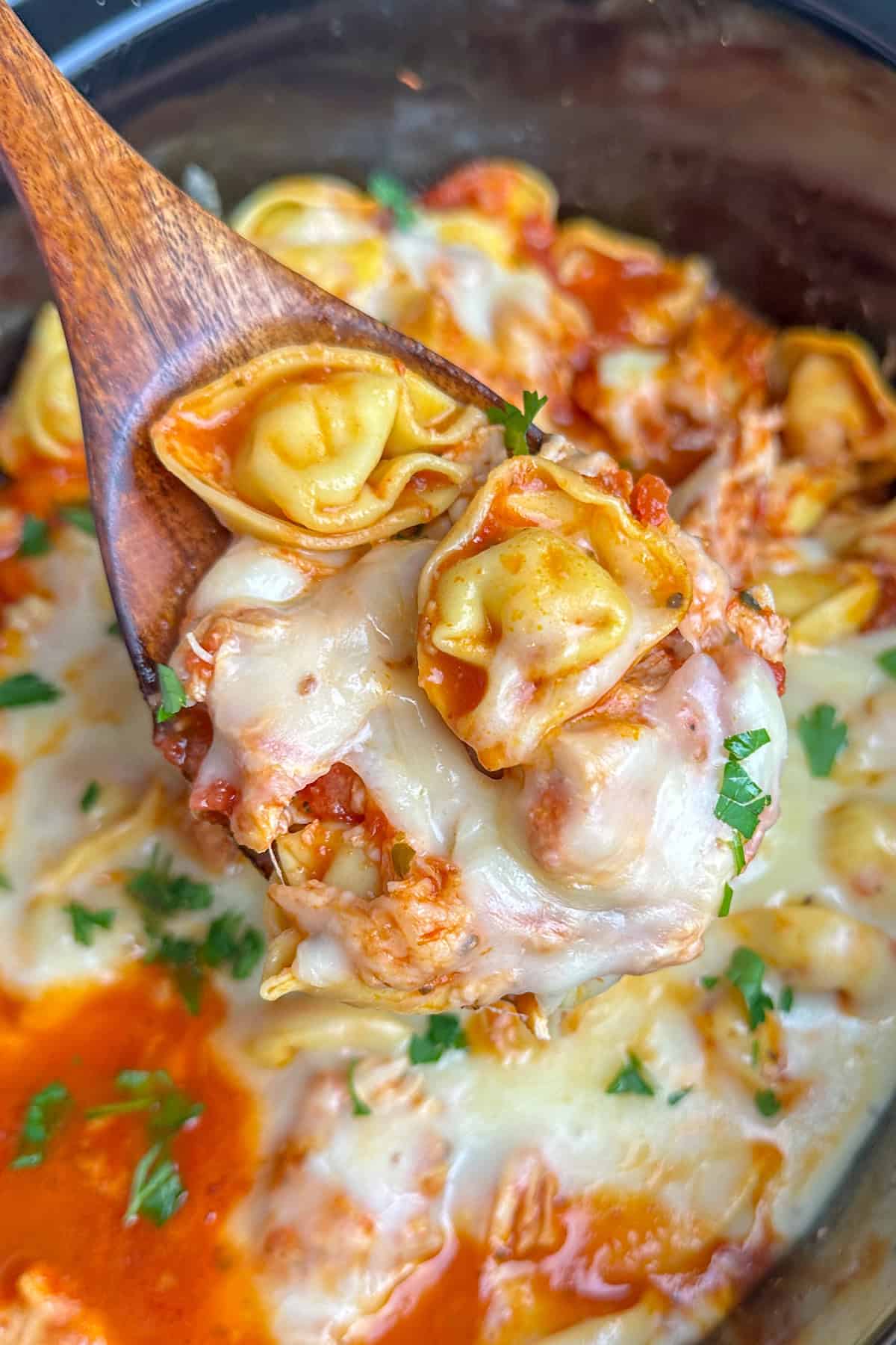 A wooden spoon holding a scoop of chicken parmesan tortellini over a crock pot.