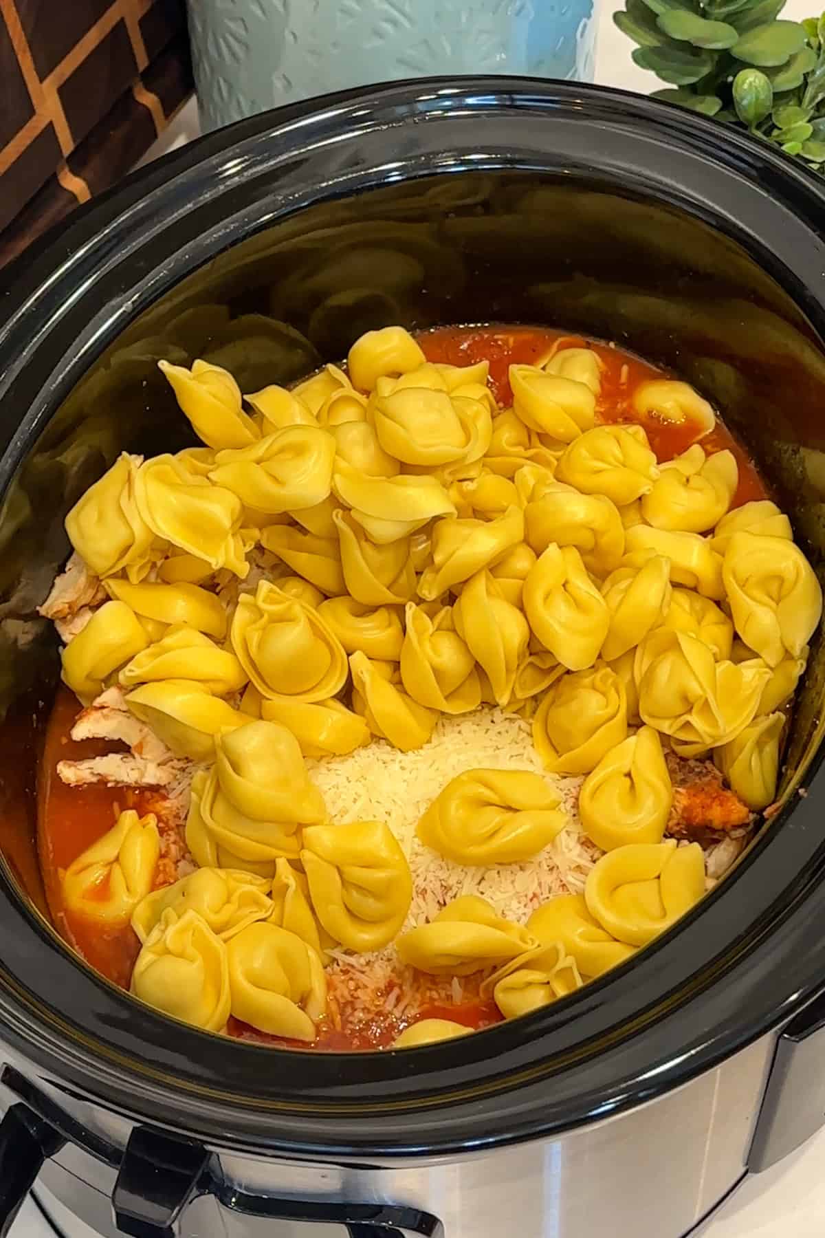 Shredded chicken, tortellini and cheese added to the sauce.