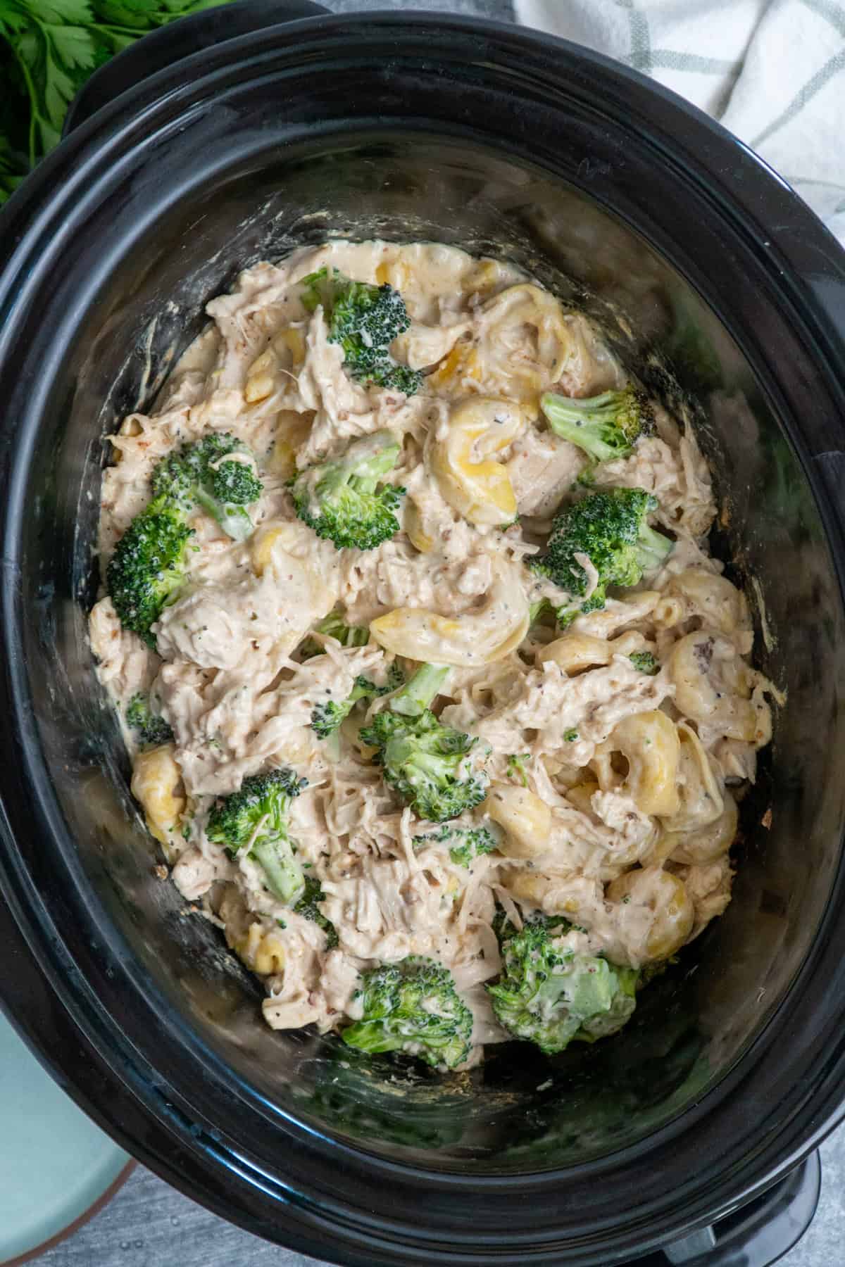 Chicken broccoli tortellini in a crock pot ready to be served.