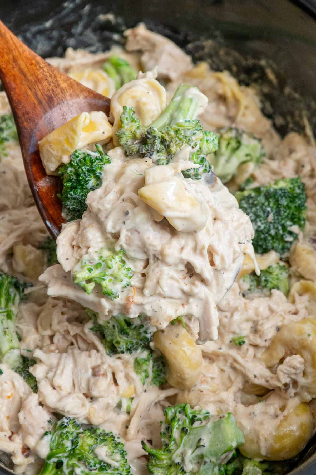 A spoon holing a scoop of chicken broccoli tortellini.